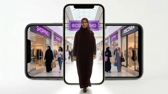 امرأة سعودية تخرج من هاتف ذكي للتسوق الإلكتروني