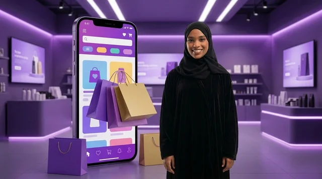 Saudi Woman Using Online Shopping App on Smartphone