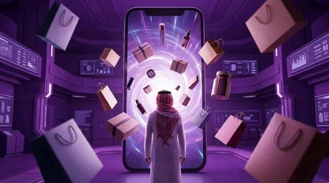 رجل سعودي تسوق إلكتروني مستقبلي عبر هاتف ذكي عملاق