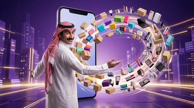 رجل سعودي مع هاتف ذكي يعبر عن مفهوم التسوق الالكتروني