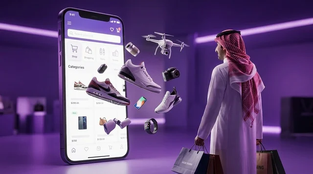 رجل سعودي يتسوق إلكترونيا عبر تطبيق الهاتف الذكي