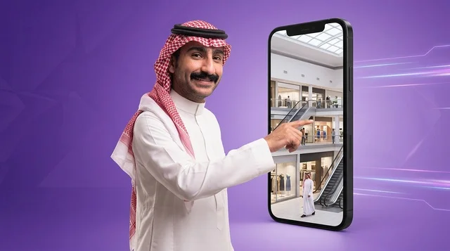Saudi Man Pointing at Smartphone Showing Shopping Mall