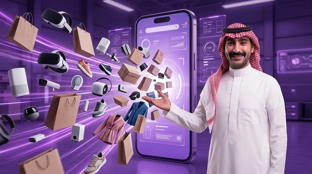 رجل سعودي يتسوق عبر الهاتف الذكي والتجارة الإلكترونية