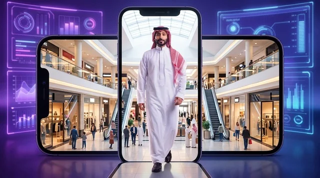 رجل سعودي بالزي التقليدي على شاشة هاتف ذكي للتسوق