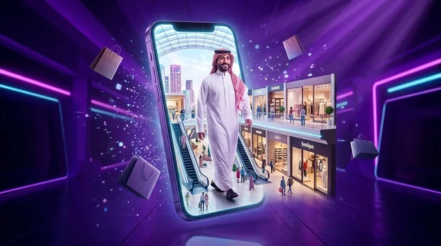 تسوق رجل سعودي عبر تطبيق الهاتف الذكي في مول رقمي