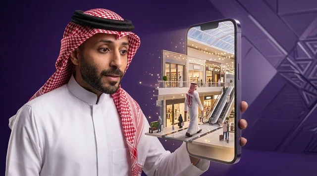 رجل سعودي مع مجسم ثلاثي الأبعاد للتسوق بالهاتف رجل سعودي مع مجسم ثلاثي الأبعاد للتسوق بالهاتف