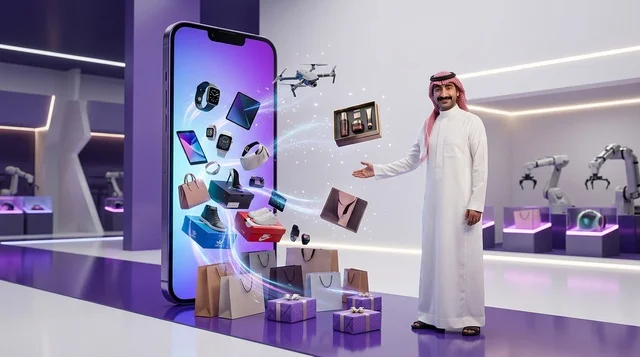 رجل سعودي يتسوق إلكترونيا باستخدام هاتف ذكي عملاق