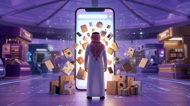 تسوق إلكتروني لرجل سعودي عبر شاشة هاتف ذكي عملاقة