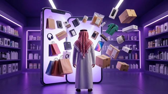 Saudi Man Online Shopping on Futuristic Smartphone