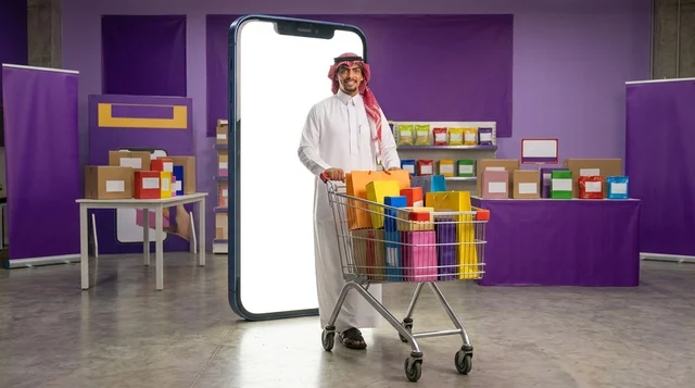 رجل سعودي مع عربة تسوق ومجسم هاتف ذكي للتجارة الإلكترونية