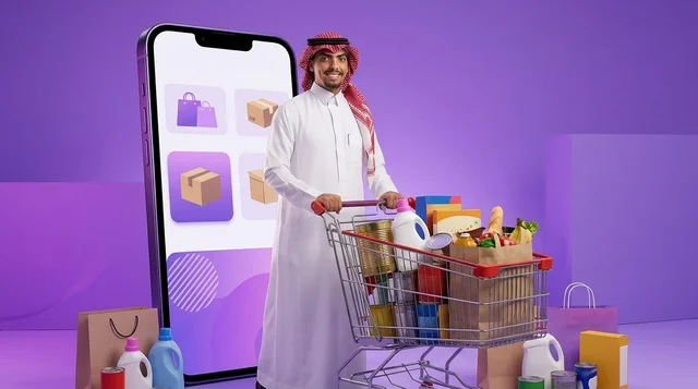 رجل سعودي يتسوق عبر الإنترنت باستخدام الهاتف الذكي