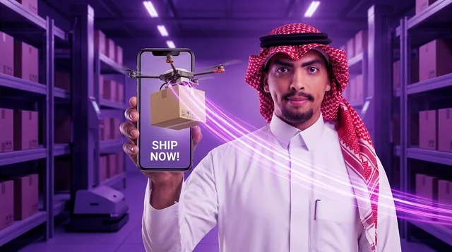 Saudi Man Holding Phone with Drone Delivery in Warehouse