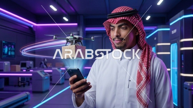 Saudi Man Controlling Delivery Drone in Smart Warehouse