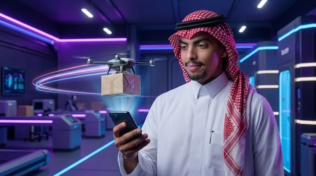 Saudi Man Controlling Delivery Drone in Smart Warehouse