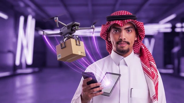 رجل سعودي يتابع توصيل الشحنة بطائرة بدون طيار بالهاتف