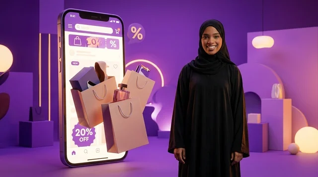 امرأة سعودية بجانب تطبيق تسوق إلكتروني على الهاتف