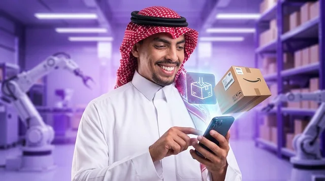 رجل سعودي يرتدي الزي التقليدي يستخدم تطبيق شحن