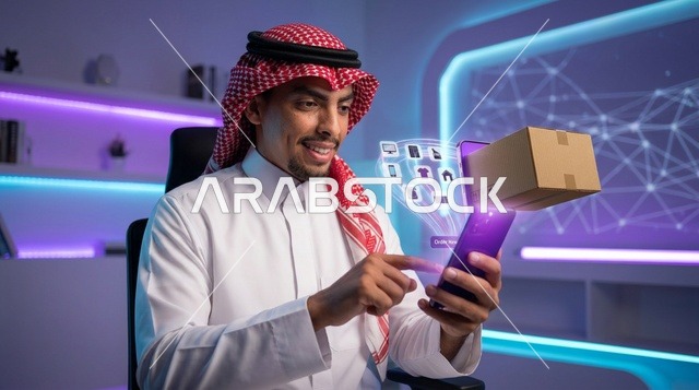 رجل سعودي يستخدم تطبيق التسوق الإلكتروني عبر الهاتف