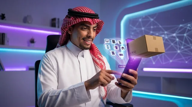 رجل سعودي يستخدم تطبيق التسوق الإلكتروني عبر الهاتف