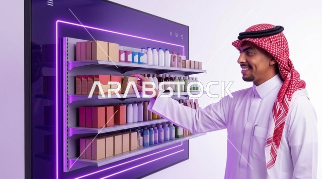 رجل سعودي بالثوب التقليدي يتسوق عبر شاشة افتراضية
