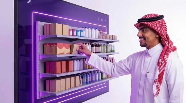 رجل سعودي بالثوب التقليدي يتسوق عبر شاشة افتراضية