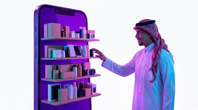 رجل سعودي يتسوق إلكترونيا عبر شاشة هاتف ذكي عملاقة