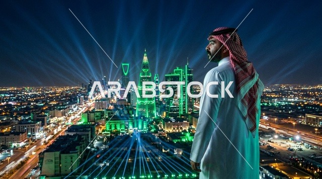 رجل سعودي بالزي التقليدي يطل على أفق مدينة الرياض ليلاً