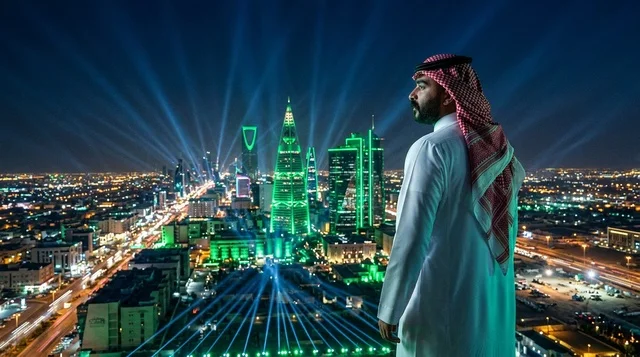رجل سعودي بالزي التقليدي يطل على أفق مدينة الرياض ليلاً