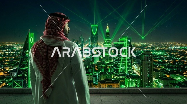 مواطن سعودي بالزي التقليدي ينظر إلى أفق الرياض ليلاً