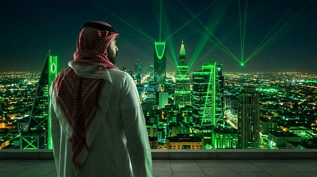 مواطن سعودي بالزي التقليدي ينظر إلى أفق الرياض ليلاً