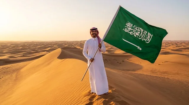 مواطن سعودي يحمل العلم الوطني فوق الكثبان الرملية