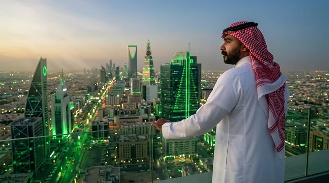 Saudi Man Overlooking Riyadh City Skyline at Sunset
