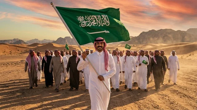 رجال سعوديون يحملون العلم الوطني في الصحراء وقت الغروب