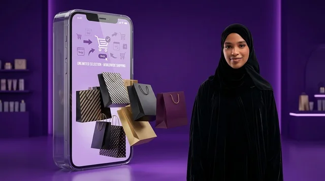 تسوق امرأة سعودية عبر الهاتف الذكي وحقائب ثلاثية الأبعاد