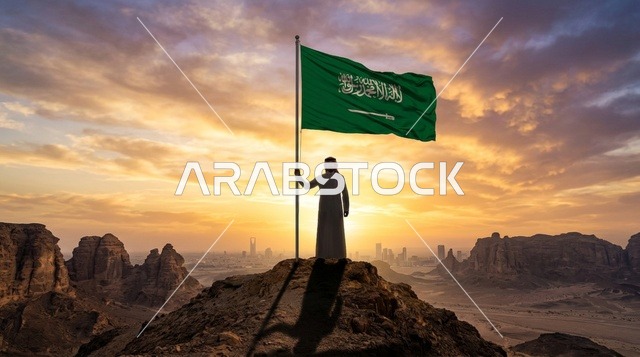 مواطن سعودي يحمل العلم الوطني فوق الكثبان الرملية