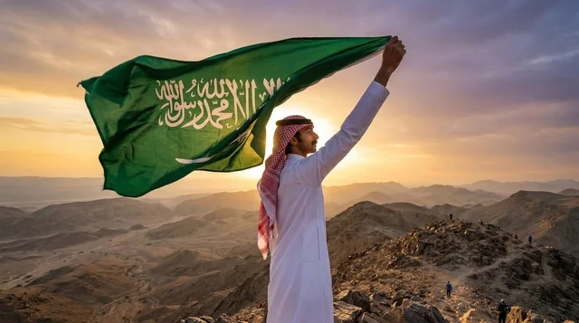 Saudi Man Holding National Flag on Mountain at Sunset