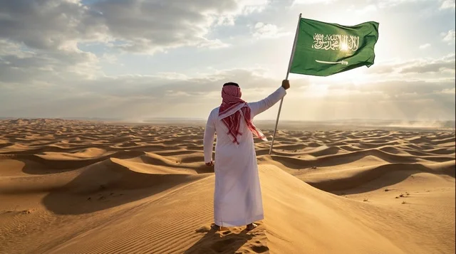 Saudi Man Holding National Flag on Desert Sand Dune