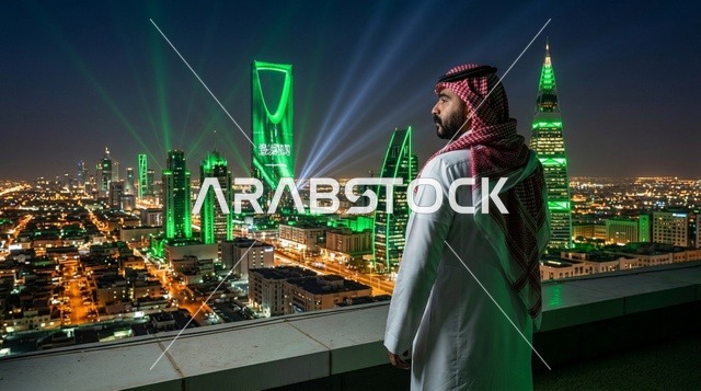 رجل سعودي ينظر إلى أفق مدينة الرياض ليلاً بالأخضر