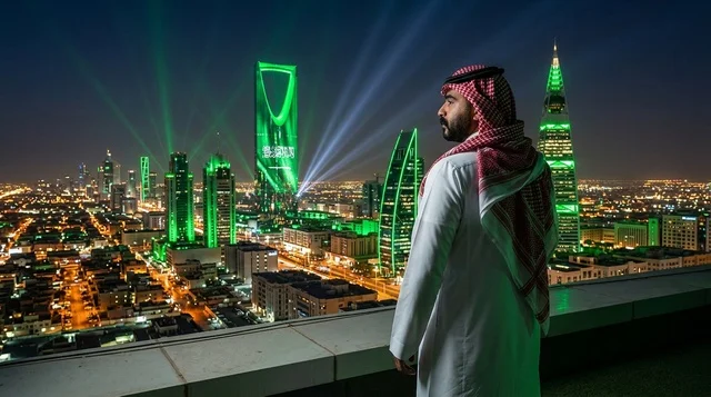 رجل سعودي ينظر إلى أفق مدينة الرياض ليلاً بالأخضر