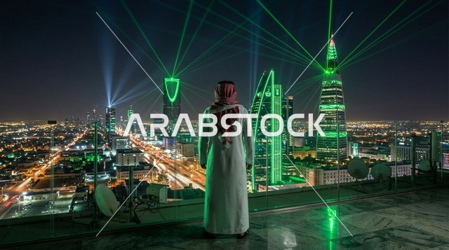 رجل سعودي يطل على أفق مدينة الرياض ليلاً