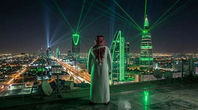 رجل سعودي يطل على أفق مدينة الرياض ليلاً