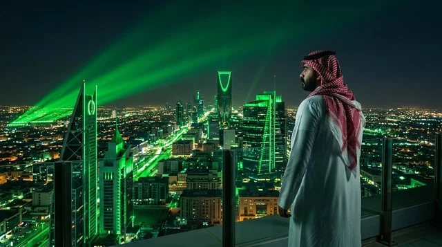 رجل سعودي ينظر إلى أفق مدينة الرياض ليلاً