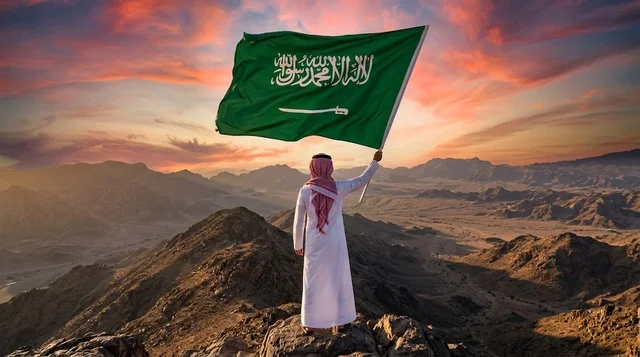 مواطن سعودي يحمل العلم الوطني فوق الكثبان الرملية