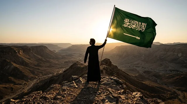 مواطن سعودي يحمل العلم الوطني فوق الكثبان الرملية