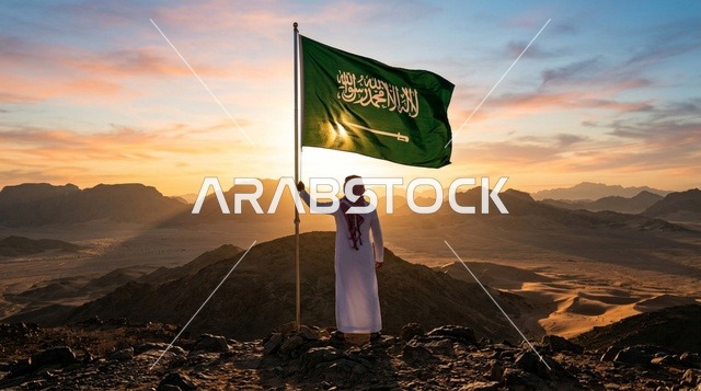 مواطن سعودي يحمل العلم الوطني فوق الكثبان الرملية
