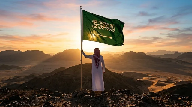 مواطن سعودي يحمل العلم الوطني فوق الكثبان الرملية