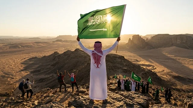 رجل سعودي يرفع العلم الوطني فوق الجبل وقت الغروب