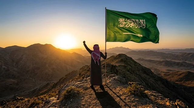 مواطن سعودي يحمل العلم الوطني فوق الكثبان الرملية