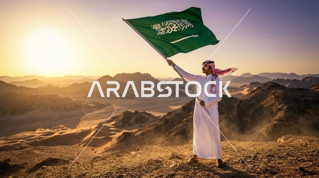 مواطن سعودي يحمل العلم الوطني فوق الكثبان الرملية