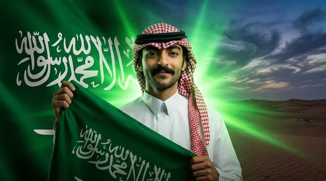رجل سعودي بالزي التقليدي يحمل العلم الوطني في الصحراء